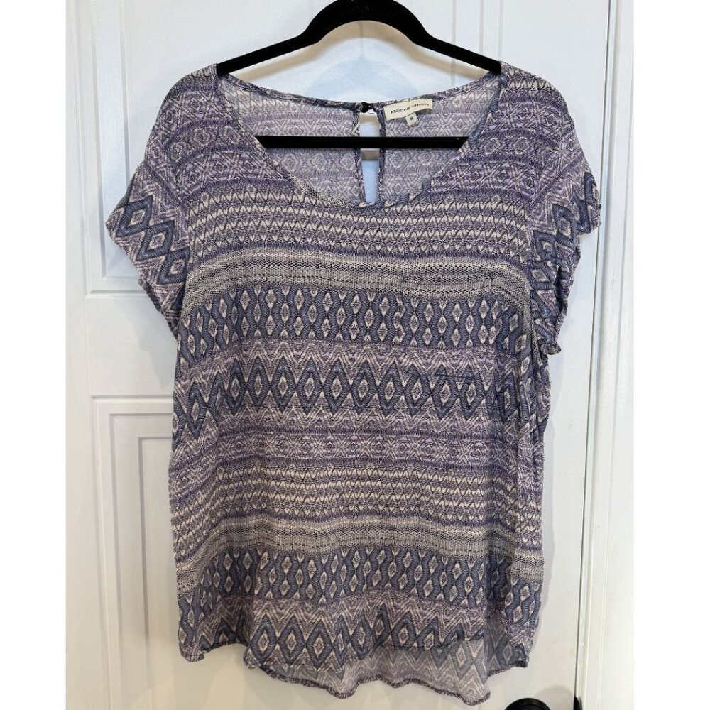 Adrienne Vittadini 1xl Short-Sleeve Blouse Purple Ivory Geometric Print EUC